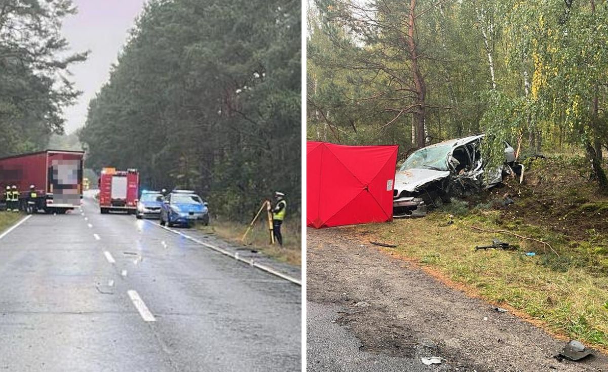 wypadek, policja BMW zderzyło się z ciężarówką. Kierowca zginął na miejscu