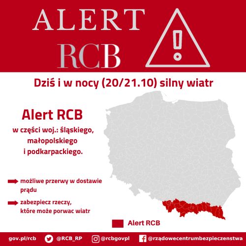 "Uwaga! Dziś i w nocy (20/21.10) prognozowany silny wiatr. Możliwe przerwy w dostawie prądu. Zabezpiecz rzeczy, które może porwać wiatr."