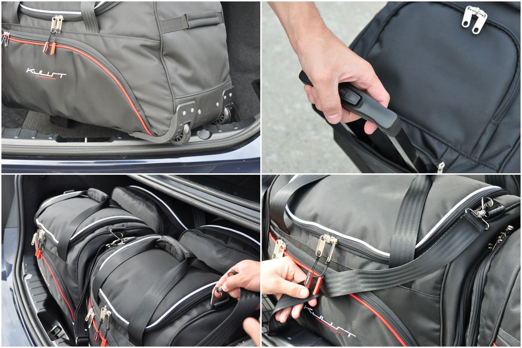 Torby podróżne są wyposażone w kółka i uchwyt umożliwiające ich toczenie. Kółka nieznacznie wystają poza obrys torby, a uchwyt chowa się w jej wnętrzu jakby nie było go w ogóle. Wszystkie paski są wykonane z takiego materiału, z jakiego wytwarza się pasy bezpieczeństwa.