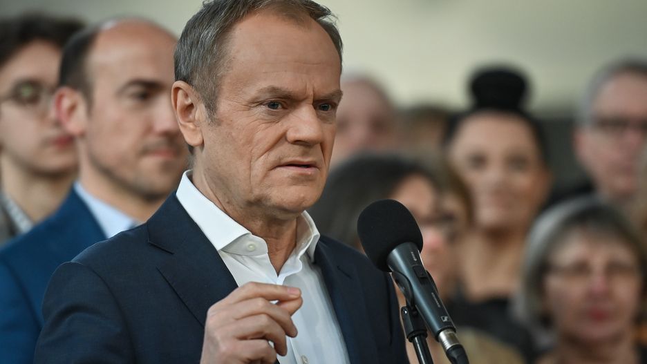 KATOWICE, POLAND - MARCH 26:Donald Tusk, Chairman of the Civic Platform (PO) opposition party, addresses the press at the Szyb Gallery in Katowice, surrounded by party members, on March 26, 2023, in Katowice, Poland.The leader of Civic Platform concludes his election campaign tour in the Silesia region, meeting with party members and supporters. (Photo by Artur Widak/NurPhoto via Getty Images)