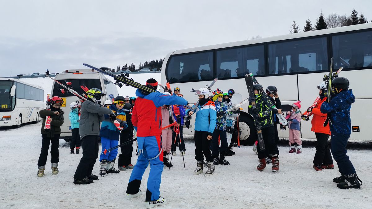 A group of children arrived to ski at the slope at Jurgow Ski station in the Tatra Mountains during winter holidays. Jurgow near Bukowina Tatrzanska, Poland on January 31, 2022.  (Photo by Beata Zawrzel/NurPhoto via Getty Images)