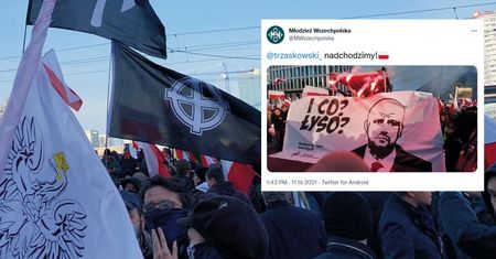 Trzaskowski "ogolony", a na flagach symbole rasistów. Hasła na Marszu Niepodległości