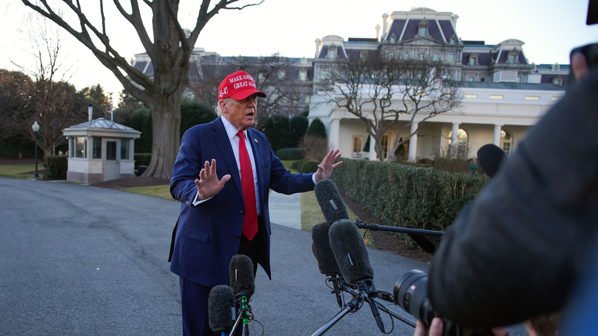 WASHINGTON, DC - FEBRUARY 28: U.S. President Donald Trump speaks as he departs the White House on February 28, 2025 in Washington, DC. Trump spoke on his contentious Oval Office meeting with Ukrainian President Volodymyr Zelensky. (Photo by Andrew Harnik/Getty Images)