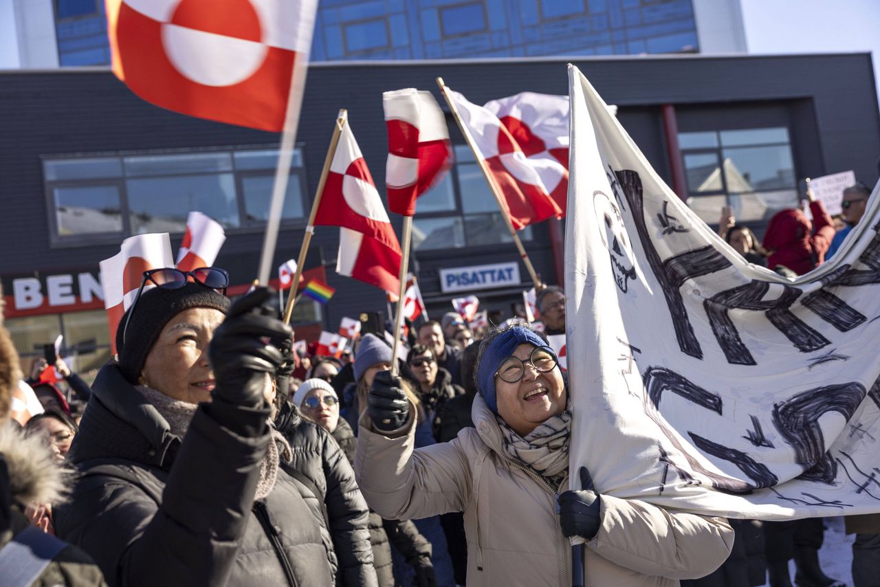 Residents demonstrate in front of the US consulate in Nuuk under the slogan "Greenland belongs to Greenlanders"