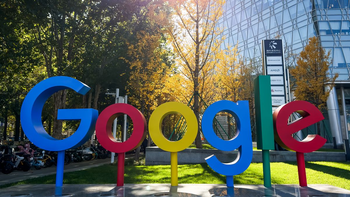 BEIJING, CHINA - NOVEMBER 11: The Google logo is displayed outside a commercial building that houses the company's Beijing office on November 11, 2025, in Beijing, China. Google, a subsidiary of Alphabet Inc. (NASDAQ: GOOGL), operates offices in Beijing and Shanghai for research and business development while its main search engine remains inaccessible in mainland China. (Photo by Cheng Xin/Getty Images)