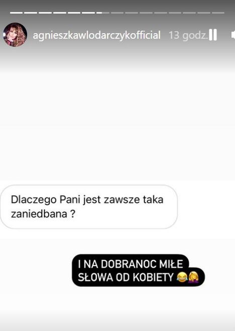 Agnieszka Włodarczyk publikuje "życzliwą" wiadomość od obserwatorki 