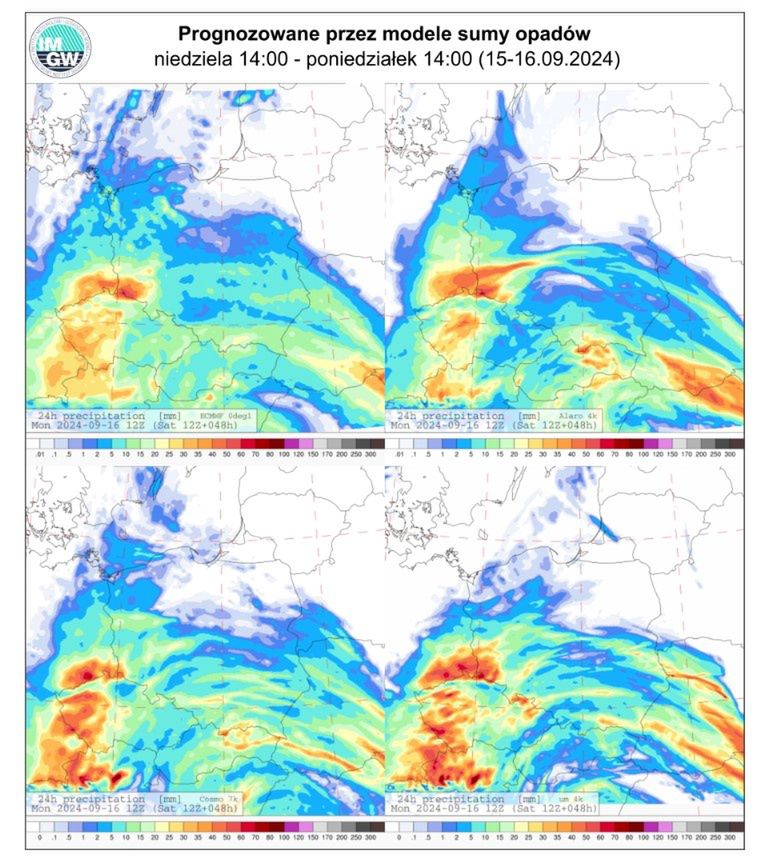 Prognozowane sumy opadów niedziela - poniedziałek