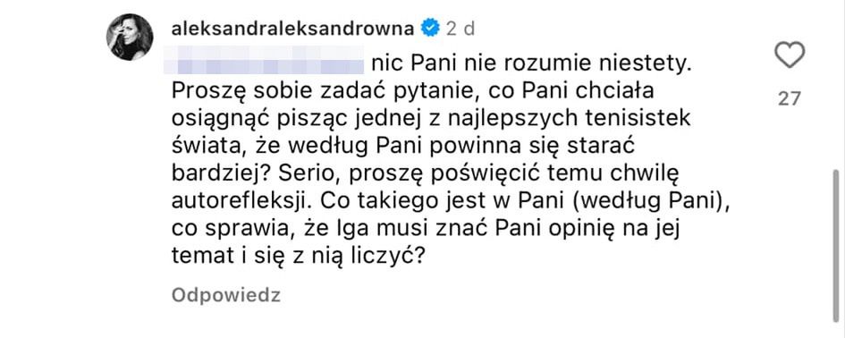 Kwaśniewska awanturuje się z internautką pod wpisem Świątek