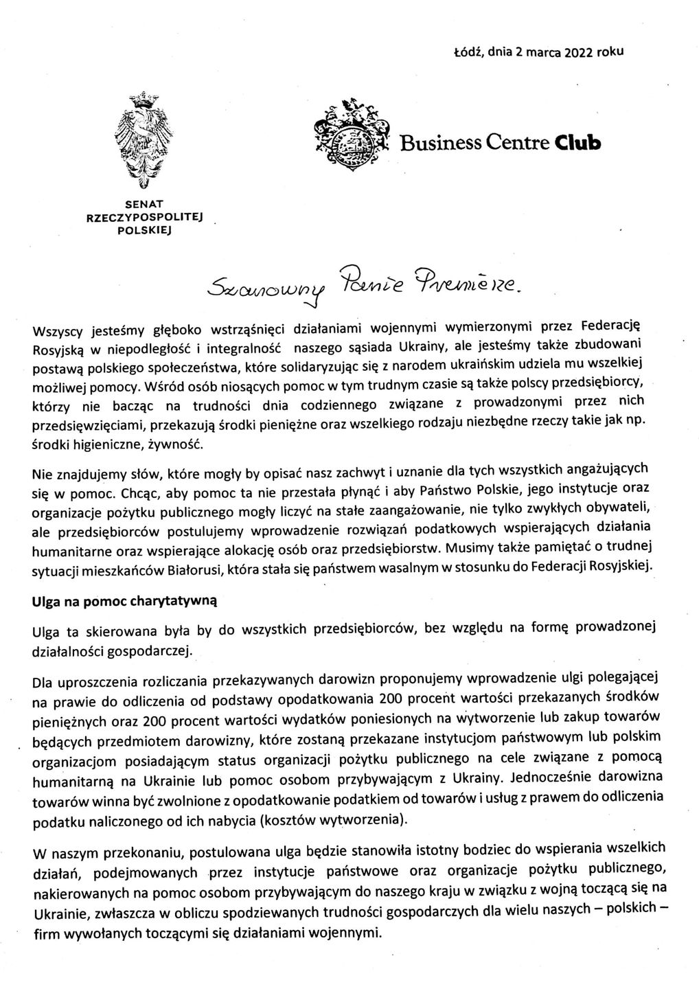 list  Senatu do premiera