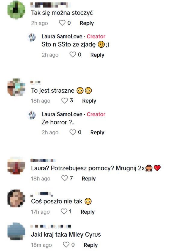 Komentarze na profilu Laury Samojłowicz na TikToku