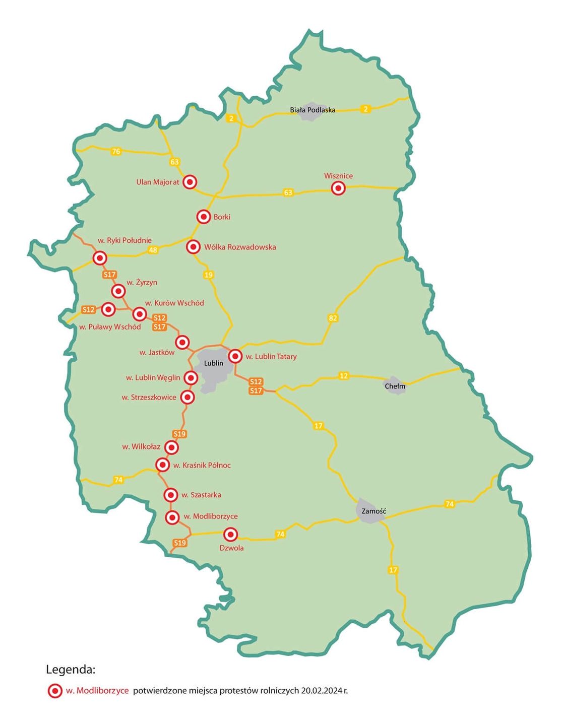 Mapa protestów rolników - wtorek, 20 lutego 2024