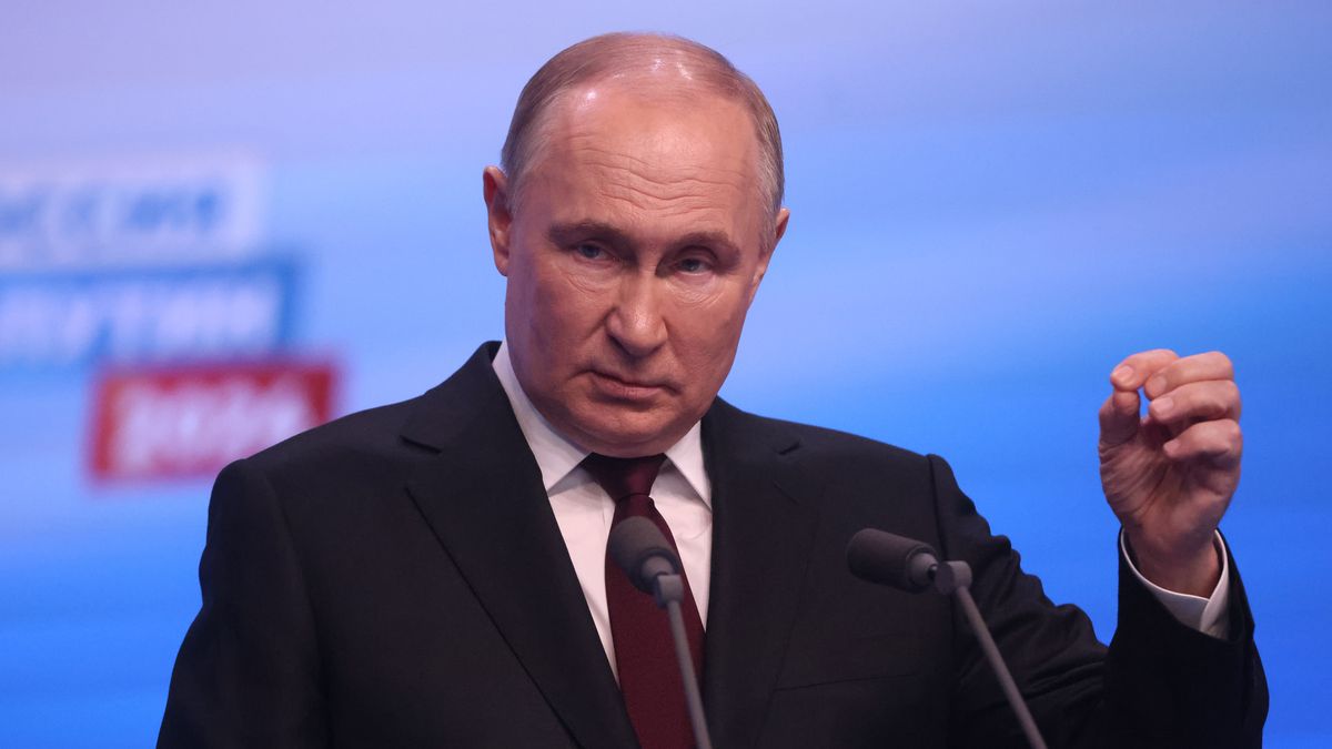 MOSCOW, RUSSIA - MARCH 18 (RUSSIA OUT) Russian President Vladimir Putin speaks during his press conference at his campaign headquarters, early March,18,2024, in Moscow, Russia. Russian President Vladimir Putin has won the 2024 Presidential Elections, hosted on March 15-17. (Photo by Contributor/Getty Images)