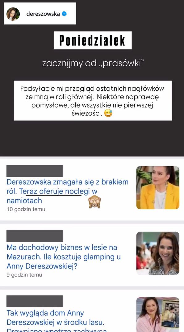 Wpis Anny Dereszowskiej na Instagramie