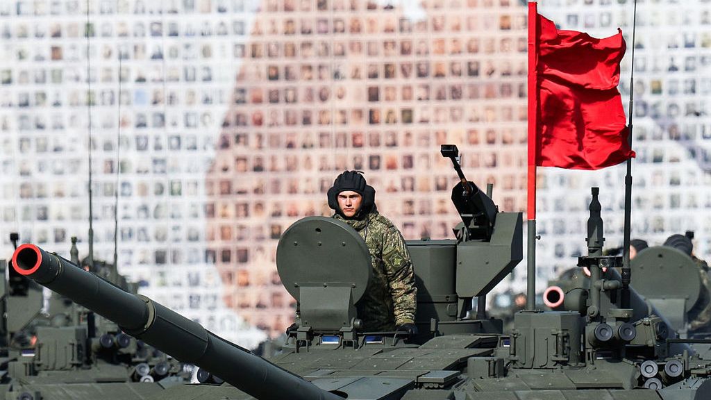 Russian T-90 tanks at a rehearsal for the Victory Day Parade
ST  PETERSBURG, RUSSIA - 2025/05/03: Russian T-90 tanks at a rehearsal for the Victory Day Parade on Palace Square in St. Petersburg. A rehearsal for the Victory Day Parade on May 9 was held on Palace Square in St. Petersburg. This year, Russia celebrates a historic date: 80 years since Victory Day in the Great Patriotic War. The rehearsal featured a variety of military equipment, covering a wide range - from historical models from the war to modern systems. Foot columns representing military personnel marched through the square with flags flying. On January 17, 2025, Russian President Vladimir Putin declared 2025 the Year of the Defender of the Fatherland in Russia in order to preserve historical memory. (Photo by Artem Priakhin/SOPA Images/LightRocket via Getty Images)
SOPA Images
palace square, military equipment, ceremonial event, military machinery, state symbols, marching column, great patriotic war, festive mood, historical memory, holiday, tank, cultural events, state holidays, flags, discipline, memorable dates, vehicle, saint petersburg, veterans, traditions, national unity