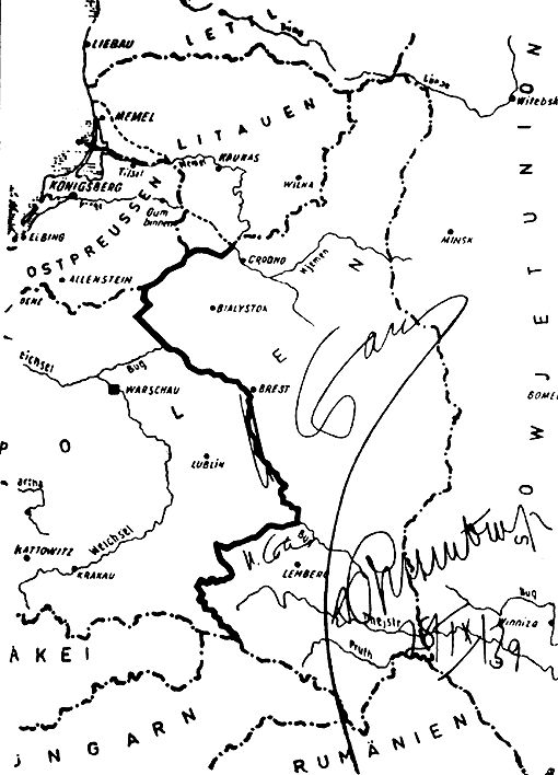Mapa podziału Polski pomiędzy III Rzeszę a ZSRR z 28.09.1939 r.