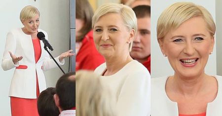 Uśmiechnięta Agata Duda w biało-czerwonej stylizacji spotkała się z olimpijczykami (ZDJĘCIA)