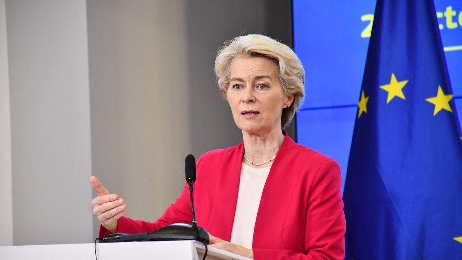 SKOPJE, NORTH MACEDONIA - OCTOBER 24: President of the European Commission Ursula von der Leyen holds a joint press conference with Prime Minister of North Macedonia Hristijan Mickoski (not seen) after their meeting in Skopje, North Macedonia on October 24, 2024. (Photo by Umeys Sulejman/Anadolu via Getty Images)