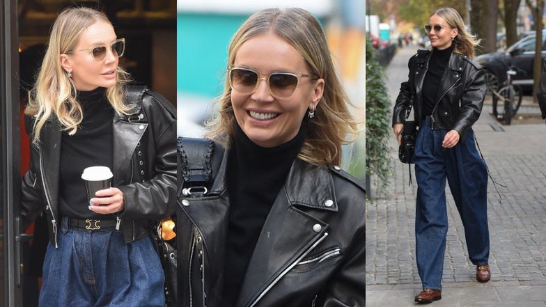 MODNA Agnieszka Woźniak-Starak w skórze i spodniach "na Aladyna" przemierza warszawskie ulice (ZDJĘCIA)