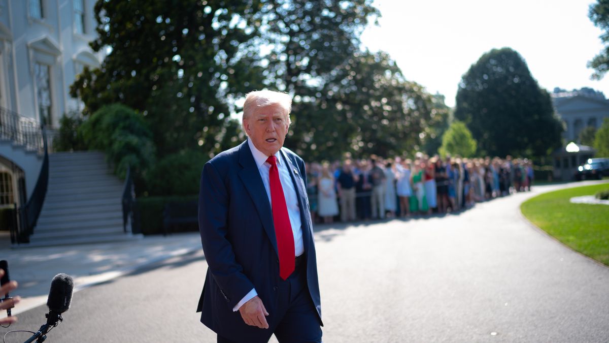 WASHINGTON,DC - JULY 25: President Donald Trump talks to the press before departing The White House on Friday, July 25, 2025. He travels to Scotland today. (Photo by Sarah L. Voisin/The Washington Post via Getty Images)