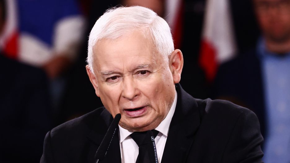 Jaroslaw Kaczynski, the leader of Law and Justice (PiS) party, gives a speech on the 105th anniversary of Poland regaining independence. Krakow, Poland on November 11, 2023 (Photo by Beata Zawrzel/NurPhoto via Getty Images)