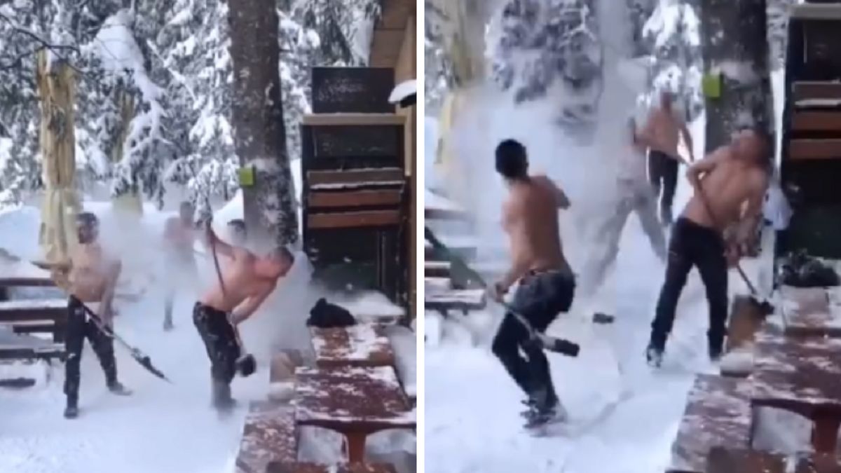 Odśnieżanie Chaty Zamkowskiego.