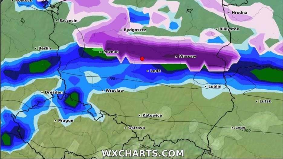 Mapa opadów w Polce. Zaznaczono środę 7 lutego 2024 r. 