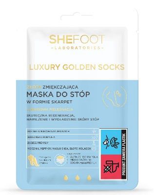 Złota zmiękczająca maska do stóp Golden Luxury SHEFOOTDzięki tej wyjątkowej masce w formie złotych skarpetek skóra stóp staje się miękka i gładka. Trzy warstwowa struktura maski zwiększa efektywność jej działania. Zewnętrzna złota warstwa skarpetek chroni skórę przed utratą wilgoci i ułatwia wnikanie składników aktywnych z maski, a wewnętrzna miękka włóknina jest nasiąknięta maską o bogatej formule. Znajdziemy w niej m.in. peptydy, masło shea, złoto koloidalne, ekstrakt z wierzby białej, mocznik oraz D-panthenol.