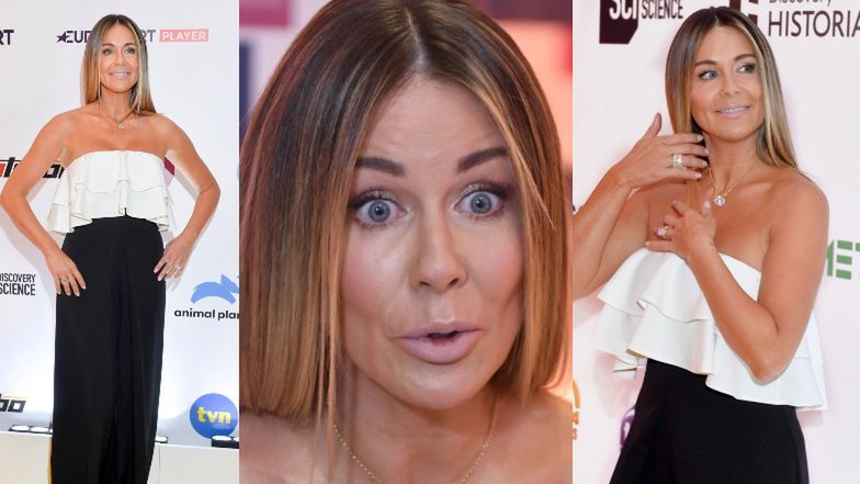 Małgorzata Rozenek na ściance podczas prezentacji wiosennej ramówki TVN