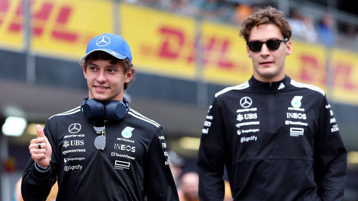 BAKU, AZERBAIJAN - SEPTEMBER 21: Andrea Kimi Antonelli of Italy and Mercedes AMG Petronas F1 Team and George Russell of Great Britain and Mercedes AMG Petronas F1 Team in the Paddock prior to the F1 Grand Prix of Azerbaijan at Baku City Circuit on September 21, 2025 in Baku, Azerbaijan. (Photo by Mark Thompson/Getty Images)