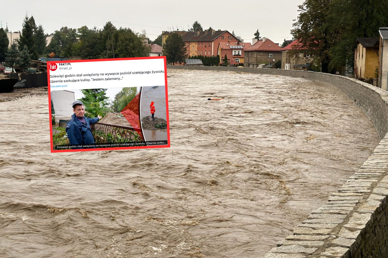 Pan Tomasz przez 9 godzin stał na usypanej wysepce. Uratował się sam, gdy poziom wody nieco spadł