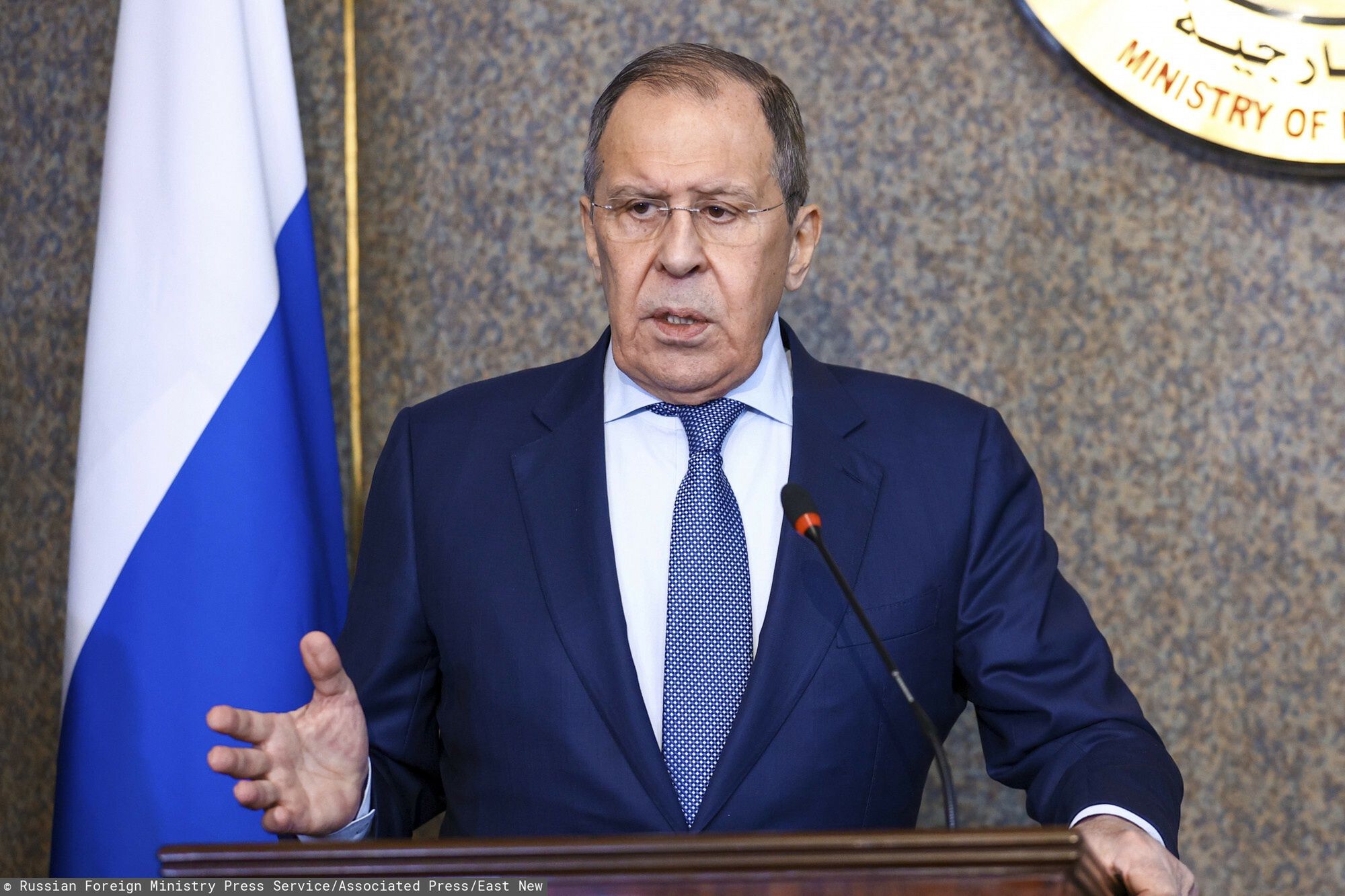Temporary
In this handout photo released by Russian Foreign Ministry Press Service, Russian Foreign Minister Sergey Lavrov gestures during a joint news conference with Egyptian Minister of Foreign Affairs Sameh Shoukry, following their talks in Cairo, Egypt, Sunday, July 24, 2022. (Russian Foreign Ministry Press Service via AP)
Russian Foreign Ministry Press Service