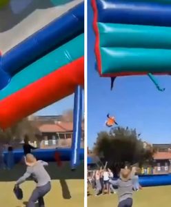 Wiatr uniósł dmuchany zamek. Dzieci wypadały z środka