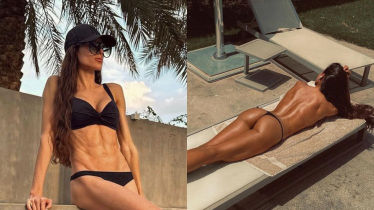 Celia Jaunat pozuje w kostiumie na balkonie i pokazuje pośladki