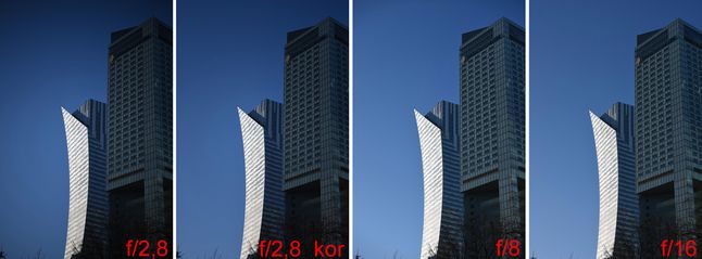 Prezentuję winietowanie przy ogniskowej 70 mm, ale przy pozostałych ma ono zbliżony charakter i moc. Drugie zdjęcie od lewej pokazuje efekt działania korekcji winietowania Nikona D810. Pomimo włączenia pełnej jej intensywności, efekt nie jest zadowalający. Przysłona f/8 jeszcze nie zapewnia pełnego rozjaśnienia rogów kadru. Przy 70 mm wystarcza użycie f/11, ale w dole zooma należy sięgnąć po f/16.© Paweł Baldwin