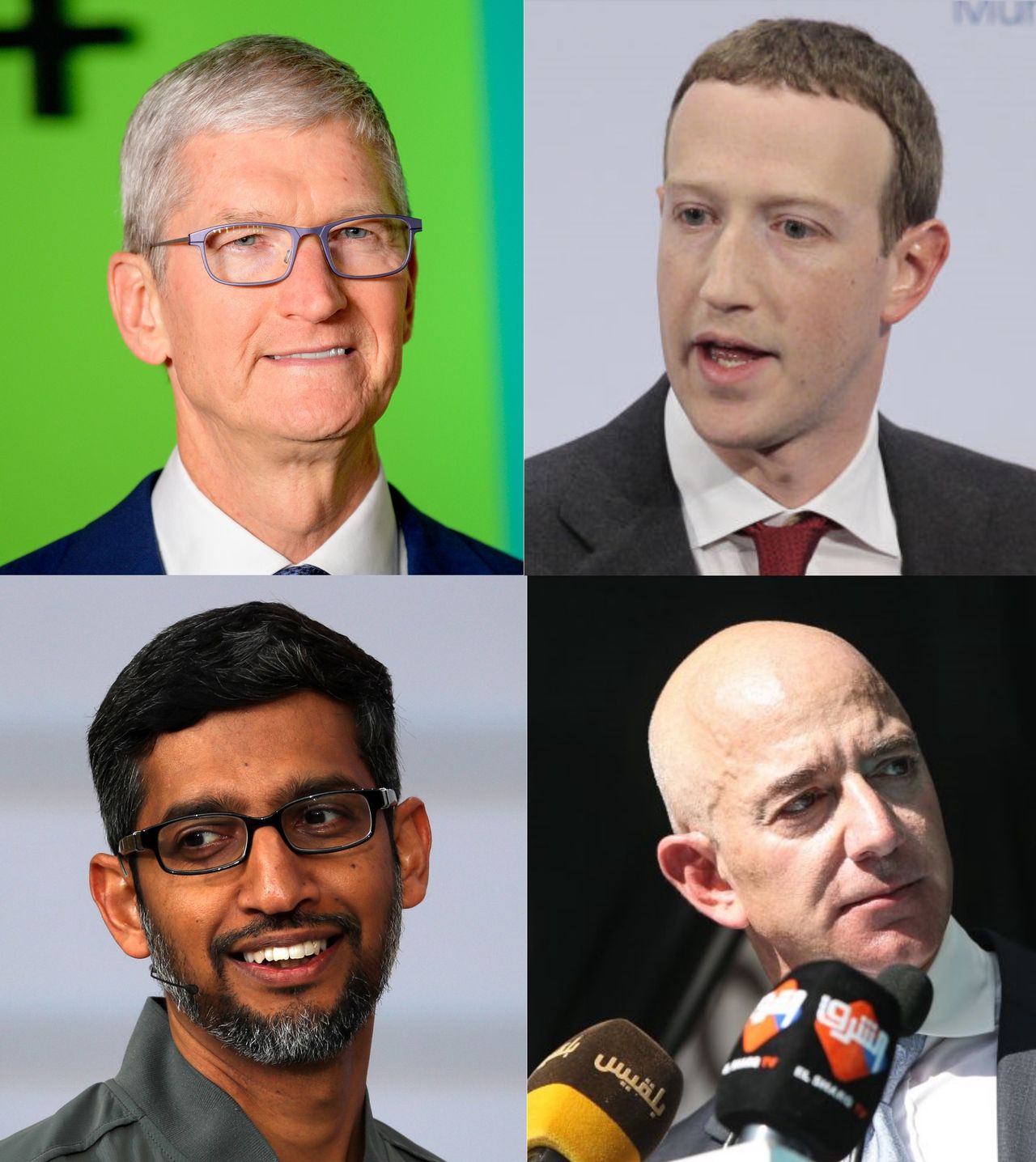 Tim Cook, Mark Zuckerberg, Sundari Pichai, Jeff Bezos
