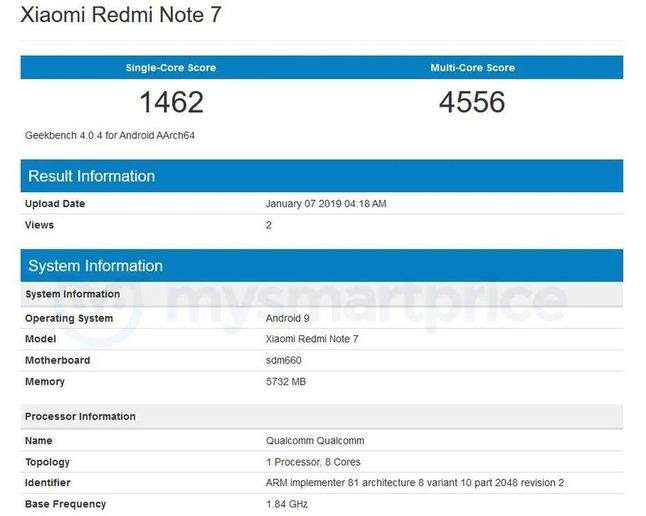 Xiaomi Redmi Note 7 w bazie Geekbench