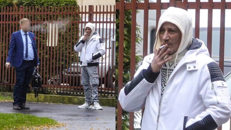 Skwaszony Michał Wiśniewski na fajce pod prokuraturą