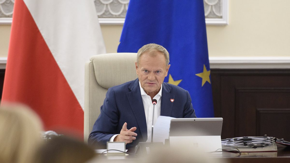 Poland's Prime Minister Donald Tusk gestures as he takes part in the weekly ministerial meeting in Warsaw, Poland, on October 8, 2024. (Photo by Aleksander Kalka/NurPhoto via Getty Images)