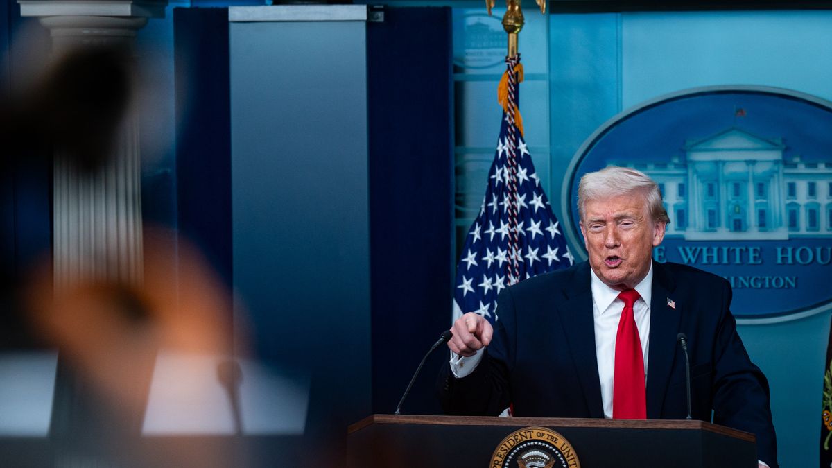 US President Donald Trump speaks during a news conference in the James S. Brady Press Briefing Room of the White House in Washington, DC, US, on Tuesday, Jan. 20, 2026. Trump's busy economic agenda during his first year back in office included global tariffs, deregulation, and tax cuts that have fundamentally changed the way the US does business. Photographer: Al Drago/Bloomberg via Getty Images