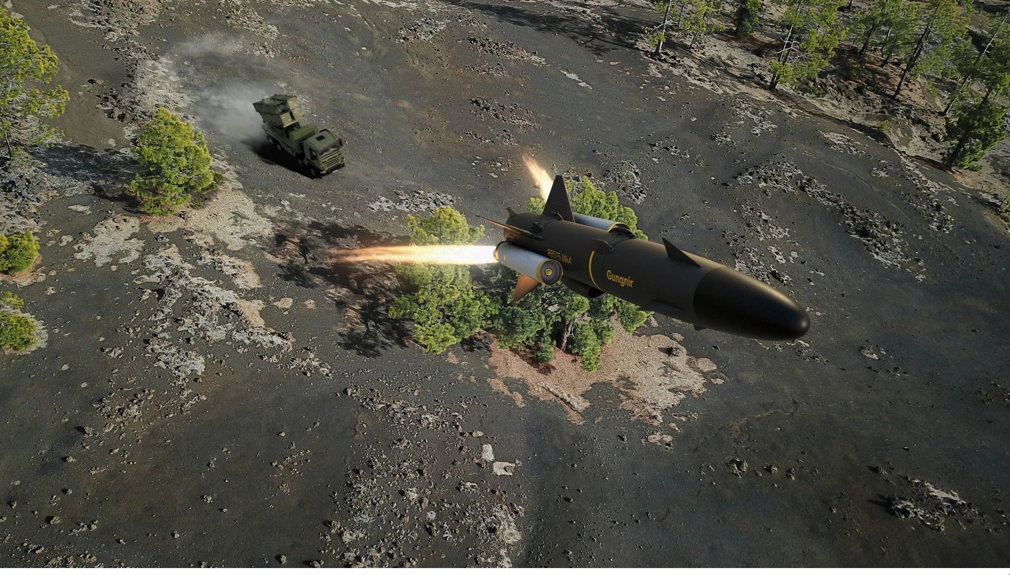 Wizualizacja pocisku RBS15 Gungnir odpalonego z wyrzutni lądowej.