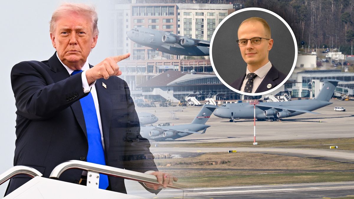 Na zdjęciu prezydent Donald Trump, Paul Balawajder, analityk PISM, oraz amerykańska baza Ramstein
