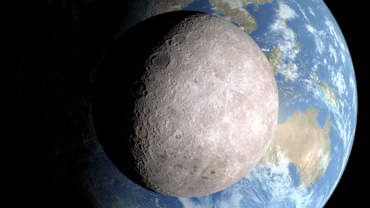 Visualization of the far side of the Moon against the background of the Earth.