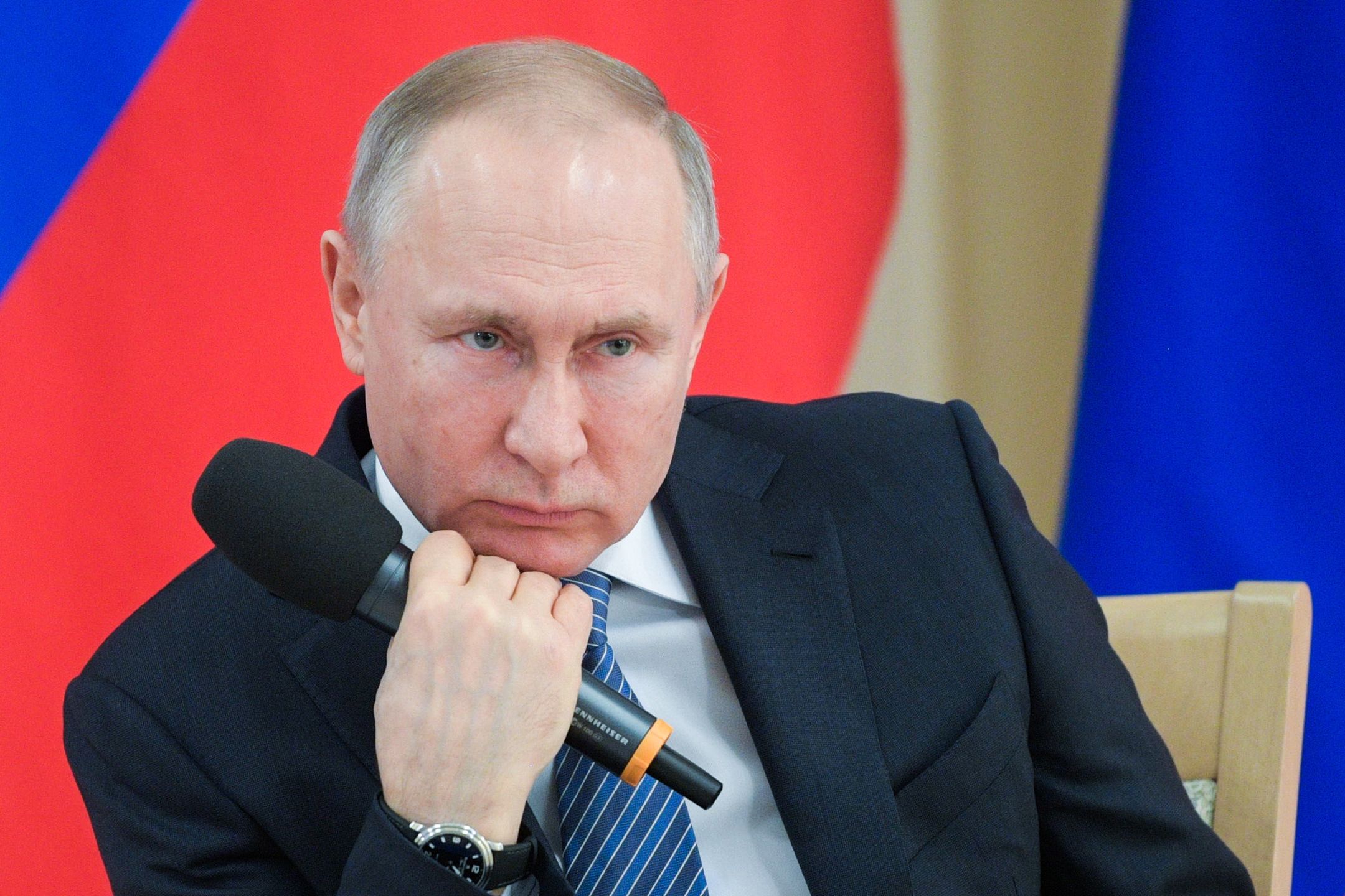 MOSCOW REGION, RUSSIA - MARCH 26, 2020: Russia's President Vladimir Putin during a meeting with business leaders at Novo-Ogaryovo residence. Alexei Druzhinin/Russian Presidential Press and Information Office/TASS (Photo by Alexei Druzhinin\TASS via Getty Images)