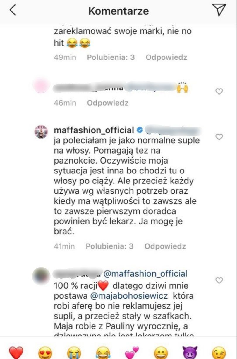 Maja Bohosiewicz strofuje Maffashion polecającą suplementy diety
