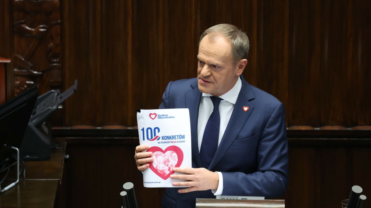 Premier Donald Tusk i jego "100 konkretów".