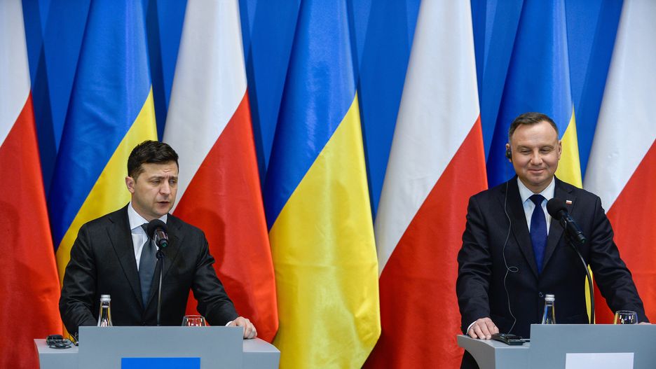 OSWIECIM, POLAND - JANUARY 27: President of Ukraine, Volodymyr Zelenski and the President of Poland, Andrzej Duda speak to the media after plenary talks during the 75th Anniversary of Auschwitz Liberation on January 27, 2020 in Oswiecim, Poland. International leaders as well as approximately 200 survivors and their families are gathering today at Auschwitz today to commemorate the 75th anniversary of the camp's liberation. The Nazis killed an estimated one million people at the camp during the World War II occupation of Poland by Nazi Germany.(Photo by Omar Marques/Getty Images)