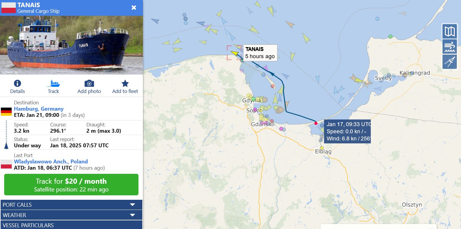 Trasa statku "Tanais"