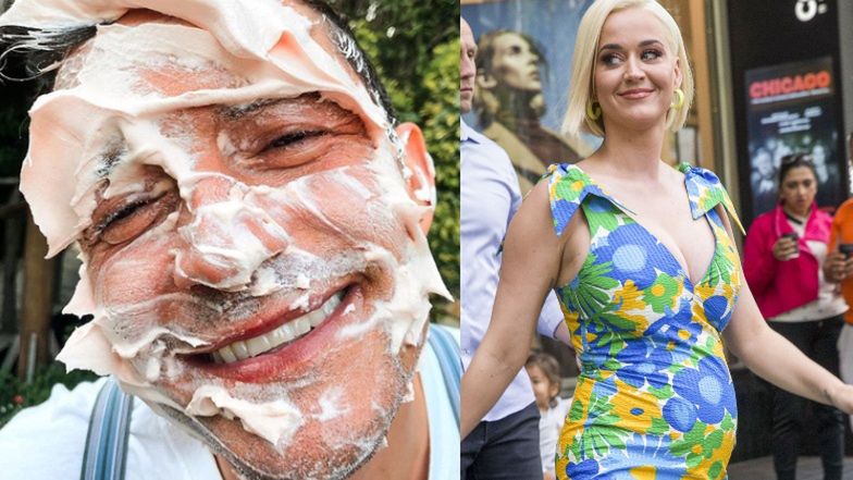 Katy Perry prezentuje ubrudzonego tortem Orlando Blooma, a przy okazji ogłasza światu PŁEĆ DZIECKA