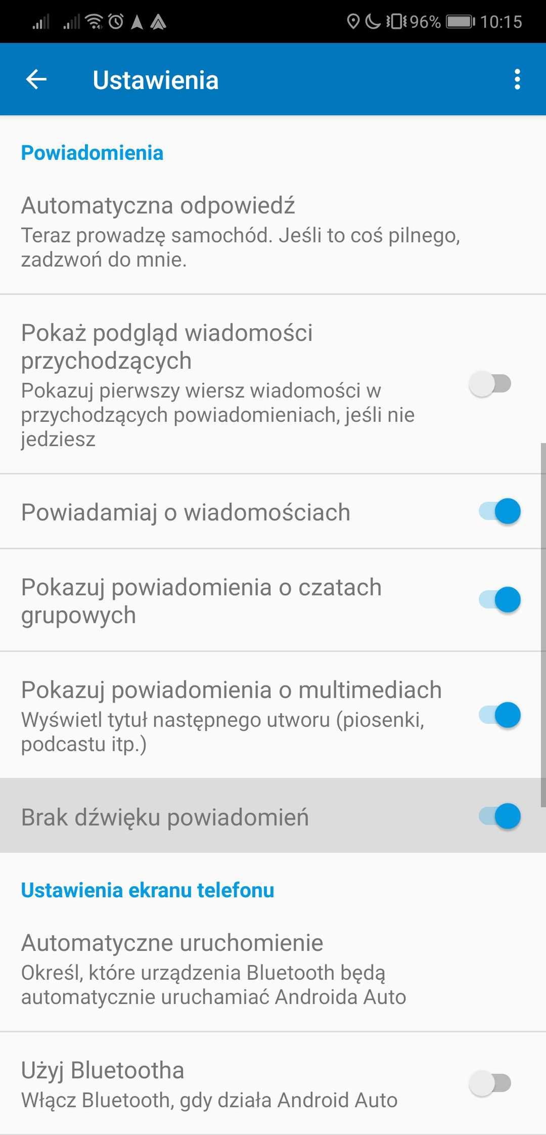 Ustawienia Androida Auto w smartfonie i nowa opcja wyciszania dźwięku powiadomień.