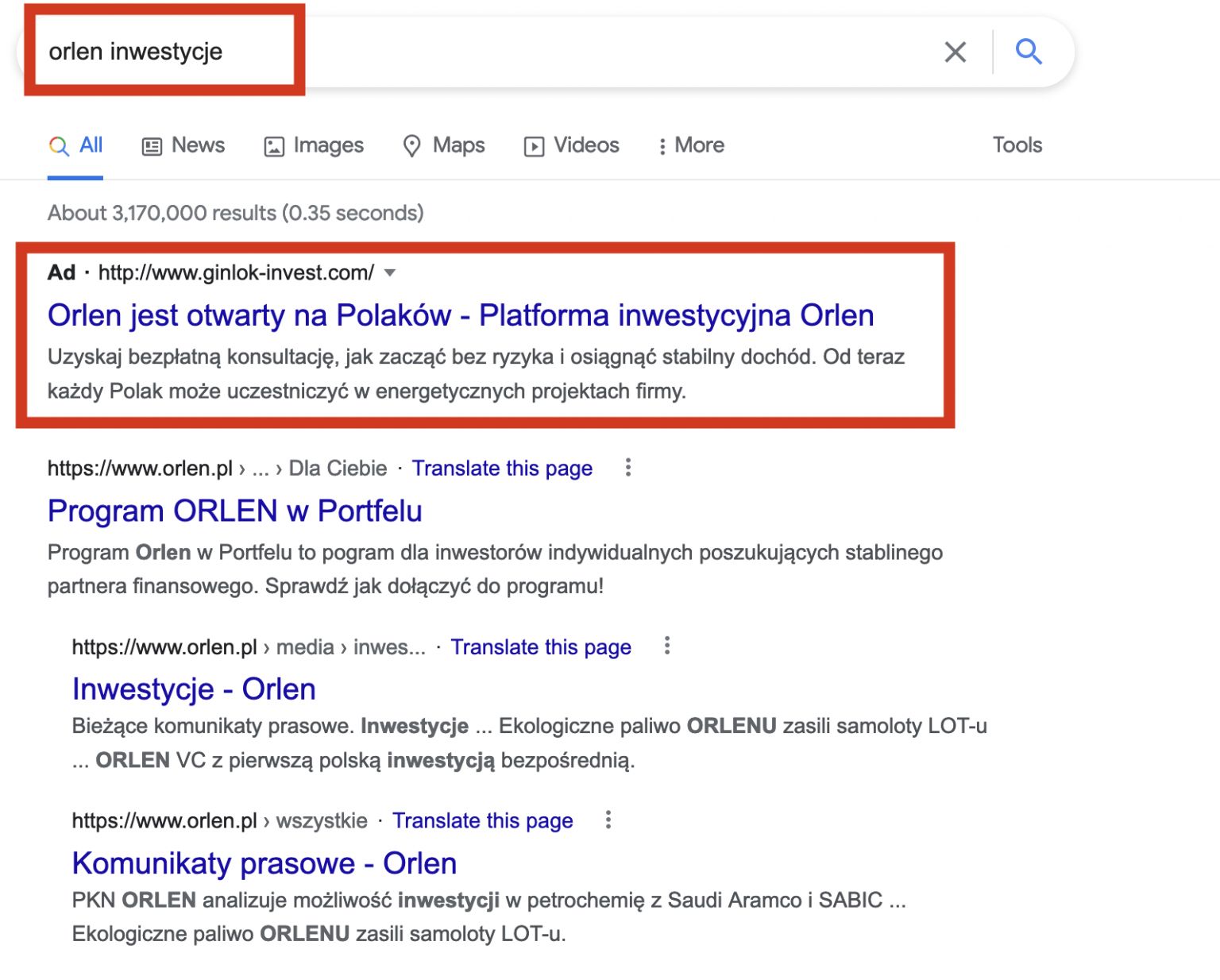 Adres fałszywej strony oferującej inwestycje w akcje Orlenu